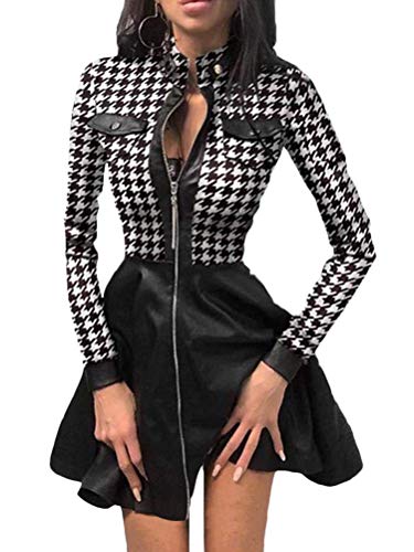 Minetom Lederkleid Damen Sexy Kleid V-Ausschnitt Spitze Faltenrock Reißverschluss A-Linie Langarm Patchwork Minikleid Cocktail Kleid A Weiß 36 von Minetom