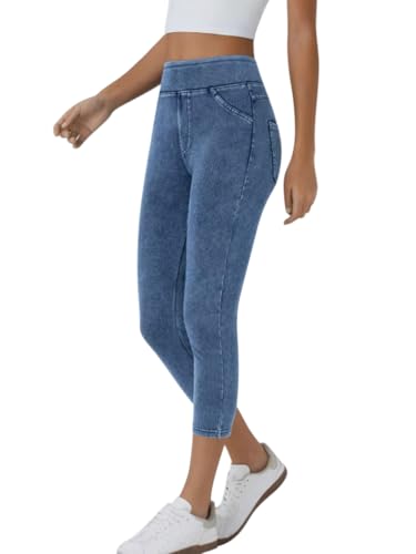 Minetom Leggings Damen 3/4 Skinny Jeans High Waist Jogginghose 7/8 Denim Jeggings Stretch Hose Mit Taschen Pants Fitnesshose Yogahose Streetwear A Blau S von Minetom