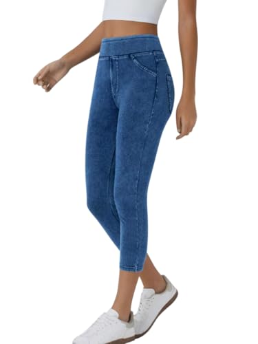 Minetom Leggings Damen 3/4 Skinny Jeans High Waist Jogginghose 7/8 Denim Jeggings Stretch Hose Mit Taschen Pants Fitnesshose Yogahose Streetwear A Dunkelblau M von Minetom