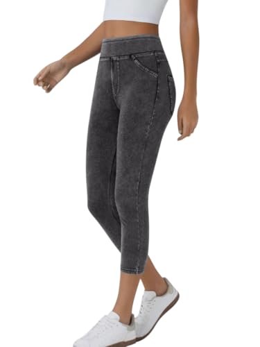 Minetom Leggings Damen 3/4 Skinny Jeans High Waist Jogginghose 7/8 Denim Jeggings Stretch Hose Mit Taschen Pants Fitnesshose Yogahose Streetwear A Grau XL von Minetom