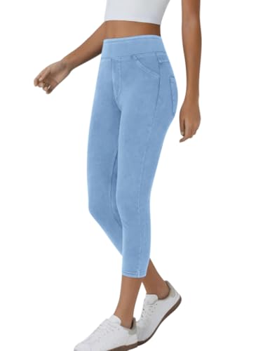 Minetom Leggings Damen 3/4 Skinny Jeans High Waist Jogginghose 7/8 Denim Jeggings Stretch Hose Mit Taschen Pants Fitnesshose Yogahose Streetwear A Hellblau S von Minetom