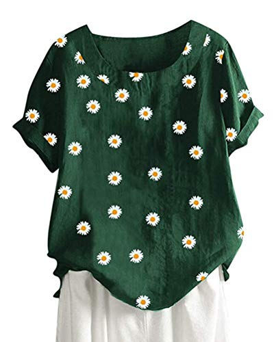 Minetom Leinenbluse Damen Sommer Chrysantheme Print T Shirts Kurzarm Loose Rundhals Oberteile Tunika Tops A Grün 48 von Minetom