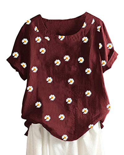 Minetom Leinenbluse Damen Sommer Chrysantheme Print T Shirts Kurzarm Loose Rundhals Oberteile Tunika Tops A Rot 48 von Minetom