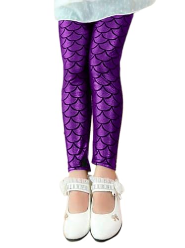 Minetom Mädchen Fischschuppe Leggings Hose Elastisch Tanzhose Sporthose Kinder Lange Hosen Druck Strumpfhose Freizeithose A Violett 130 von Minetom