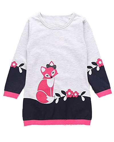 Minetom Mädchen Herbst Langarm Kleider Tiere Cartoon Mustern Fuchs Kleid Casual Hemd Dress Rose 120 von Minetom