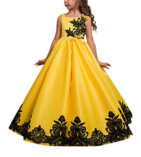 Minetom Mädchen Kleid Festzug Prinzessin Blume Kleid Kinder Prom Tüll Gestickte Hochzeits Ballkleider Ärmellos Spitze Maxikleider Gelb 130 von Minetom