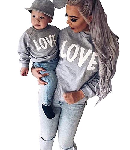 Minetom Mama Kinder Baby Love Buchstabe Druck Sweatshirt Winter Rundhals Langarm Pullover Damen Tops Bluse Familie Bekleidung (DE 38 (Mama), Grau + Weiß) von Minetom