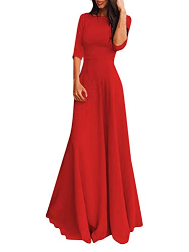 Minetom Maxikleid Damen Rundhals Festlich Hochzeit Kleider Elegant 3/4 Ärmel Chiffon Langes Kleid Cocktailkleid Partykleid Abendkleid Rot 38 von Minetom