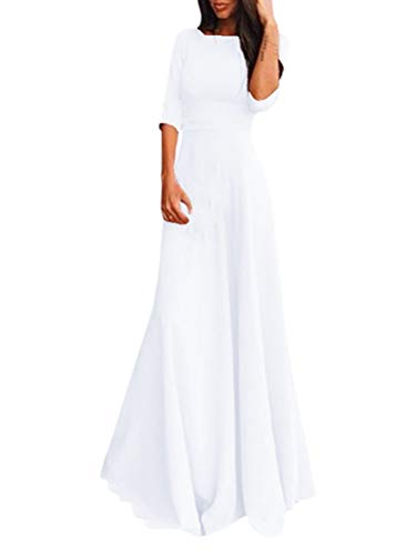 Minetom Maxikleid Damen Rundhals Festlich Hochzeit Kleider Elegant 3/4 Ärmel Chiffon Langes Kleid Cocktailkleid Partykleid Abendkleid Weiß 38 von Minetom