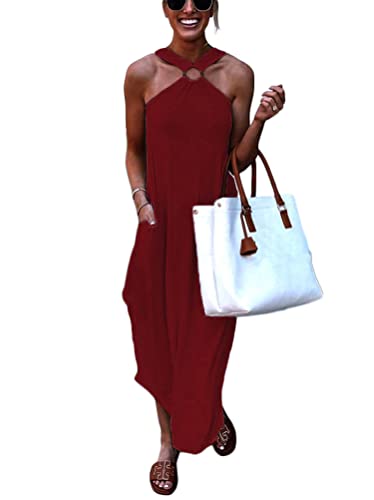 Minetom Maxikleid Damen Sommerkleid Casual Ärmellos Strandkleid Kleider Blumendruck Lang Kleid mit Tasche Z3 Rot XL von Minetom