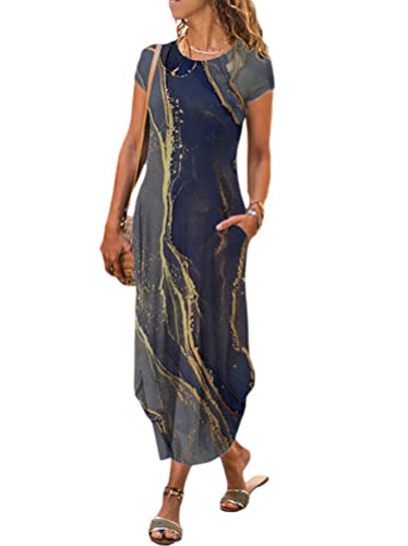 Minetom Maxikleid Damen Sommerkleid Casual Kurzarm Rundhals Strandkleid Kleider Blumendruck Lang Kleid mit Tasche Z2 Grau L von Minetom