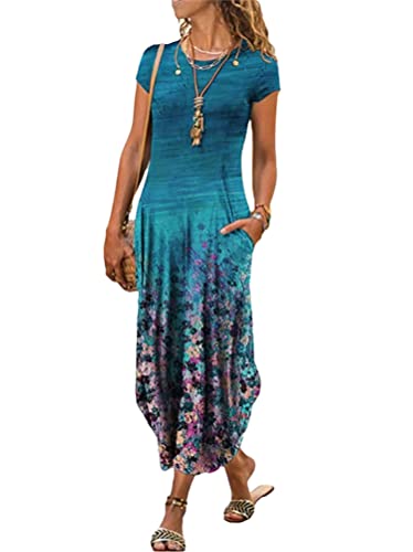 Minetom Maxikleider Damen Sommerkleid Casual Kurzarm Rundhals Strandkleid Boho Kleider Blumendruck Lang Kleid mit Tasche Blau M von Minetom
