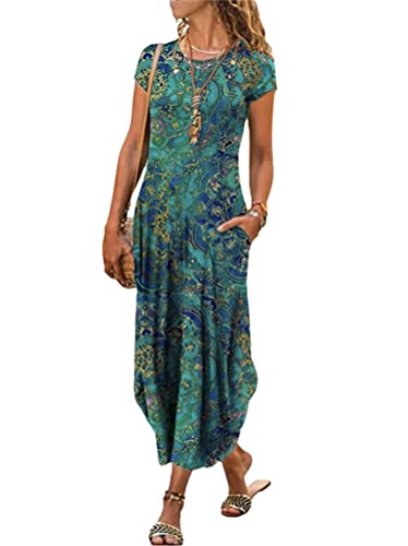 Minetom Maxikleider Damen Sommerkleid Casual Kurzarm Rundhals Strandkleid Boho Kleider Blumendruck Lang Kleid mit Tasche Grün L von Minetom