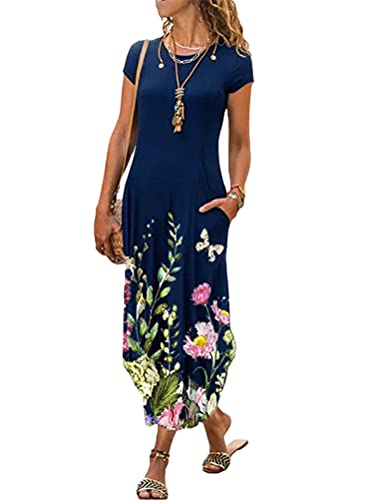 Minetom Maxikleider Damen Sommerkleid Casual Kurzarm Rundhals Strandkleid Boho Kleider Blumendruck Lang Kleid mit Tasche Marineblau M von Minetom