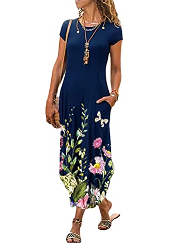 Minetom Maxikleider Damen Sommerkleid Casual Kurzarm Rundhals Strandkleid Boho Kleider Blumendruck Lang Kleid mit Tasche Marineblau XXL von Minetom