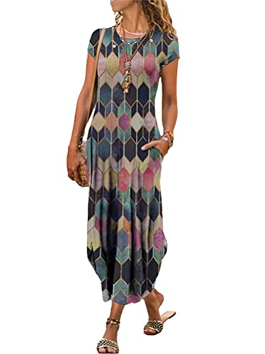 Minetom Maxikleider Damen Sommerkleid Casual Kurzarm Rundhals Strandkleid Boho Kleider Blumendruck Lang Kleid mit Tasche Mehrfarbig XL von Minetom