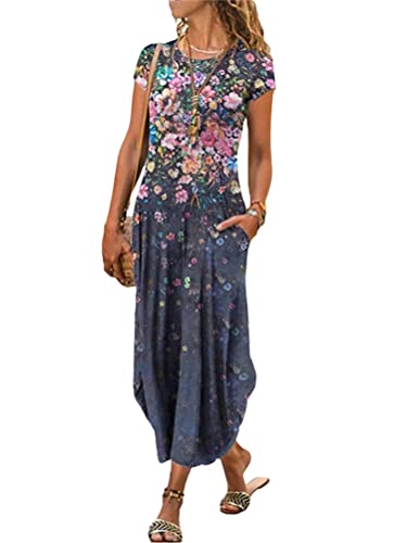 Minetom Maxikleider Damen Sommerkleid Casual Kurzarm Rundhals Strandkleid Boho Kleider Blumendruck Lang Kleid mit Tasche Rosa XL von Minetom