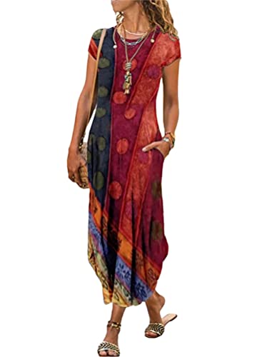 Minetom Maxikleider Damen Sommerkleid Casual Kurzarm Rundhals Strandkleid Boho Kleider Blumendruck Lang Kleid mit Tasche Rot L von Minetom
