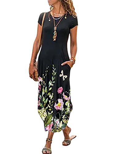 Minetom Maxikleider Damen Sommerkleid Casual Kurzarm Rundhals Strandkleid Boho Kleider Blumendruck Lang Kleid mit Tasche Schwarz M von Minetom