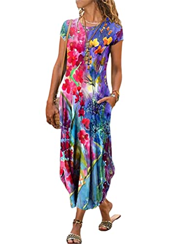 Minetom Maxikleider Damen Sommerkleid Casual Kurzarm Rundhals Strandkleid Boho Kleider Blumendruck Lang Kleid mit Tasche Violett S von Minetom