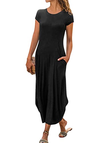 Minetom Maxikleider Damen Sommerkleid Casual Kurzarm Rundhals Strandkleid Boho Kleider Einfarbig Lang Kleid mit Tasche Z Schwarz XXL von Minetom