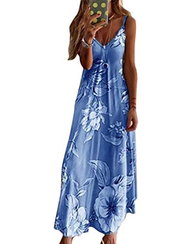 Minetom Maxikleider Damen Sommerkleid Casual Loose Ärmellos V Ausschnitt Strandkleid Boho Kleider Böhmen Drucken A-Linie Lang Kleid Partykleid A Blau 36 von Minetom