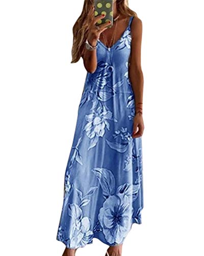 Minetom Maxikleider Damen Sommerkleid Casual Loose Ärmellos V Ausschnitt Strandkleid Boho Kleider Böhmen Drucken A-Linie Lang Kleid Partykleid A Blau 46 von Minetom