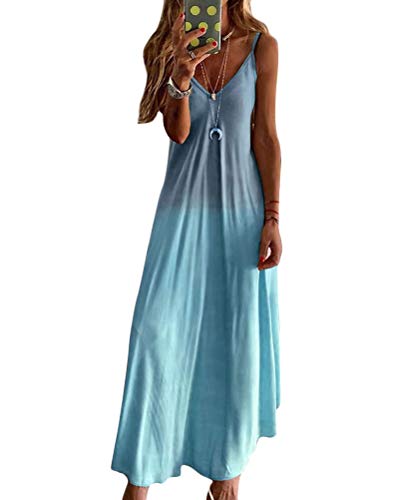 Minetom Maxikleider Damen Sommerkleid Casual Loose Ärmellos V Ausschnitt Strandkleid Boho Kleider Böhmen Drucken A-Linie Lang Kleid Partykleid B Blau 40 von Minetom