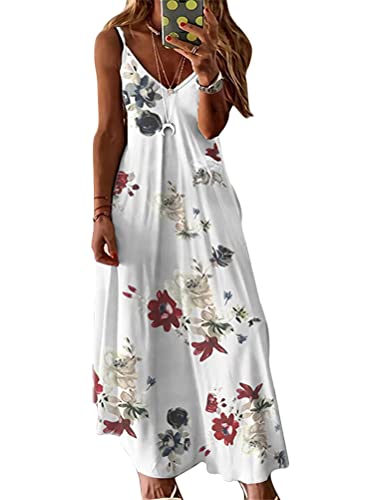 Minetom Maxikleider Damen Sommerkleid Casual Loose Ärmellos V Ausschnitt Strandkleid Boho Kleider Drucken A-Linie Lang Kleid Partykleid X Weiß 48 von Minetom