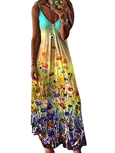 Minetom Maxikleider Damen Sommerkleid Casual Loose Ärmellos V Ausschnitt Strandkleid Boho Kleider Drucken A-Linie Lang Kleid Partykleid X2 Gelb 46 von Minetom