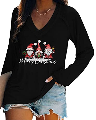 Minetom Merry Christmas Pullover Damen Weihnachtspullover V-Ausschnitt Langarmshirt Lustige Zwerge Druck Weihnachten Shirt Elegant Oberteile Xmas Tops Lange Bluse G Schwarz M von Minetom