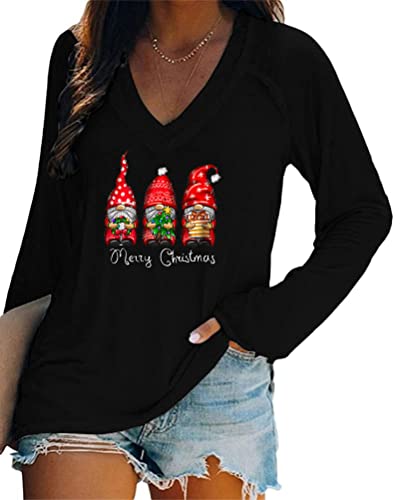 Minetom Merry Christmas Pullover Damen Weihnachtspullover V-Ausschnitt Langarmshirt Lustige Zwerge Druck Weihnachten Shirt Elegant Oberteile Xmas Tops Lange Bluse H Schwarz 3XL von Minetom