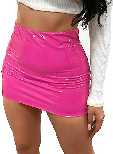 Minetom Minirock Leder Rock Damen Lederrock Wetlook Pu Leder Bleistiftrock Figurbetont Bodycon Mini Rock Hohe Taille Leather Skirt Hüftrock Rosa S von Minetom