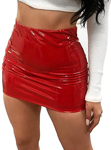 Minetom Minirock Leder Rock Damen Lederrock Wetlook Pu Leder Bleistiftrock Figurbetont Bodycon Mini Rock Hohe Taille Leather Skirt Hüftrock Rot L von Minetom