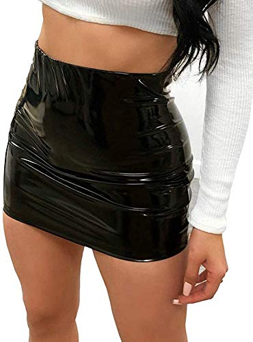 Minetom Minirock Leder Rock Damen Lederrock Wetlook Pu Leder Bleistiftrock Figurbetont Bodycon Mini Rock Hohe Taille Leather Skirt Hüftrock Schwarz M von Minetom