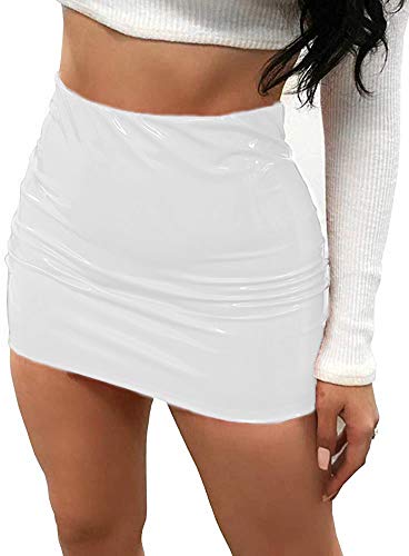 Minetom Minirock Leder Rock Damen Lederrock Wetlook Pu Leder Bleistiftrock Figurbetont Bodycon Mini Rock Hohe Taille Leather Skirt Hüftrock Weiß XS von Minetom