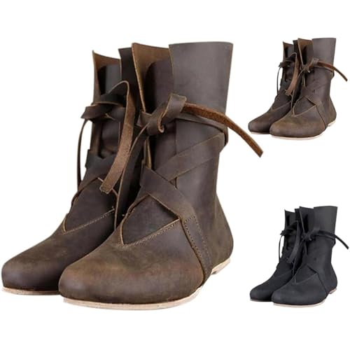 Minetom Mittelalter Stiefel Herren Damen Retro Cowboystiefel Pu-Leder Wikinger Piraten Unisex Renaissance Ritter-Jäger-Stiefel Für Cosplay Kostüm A Braun 42 EU von Minetom