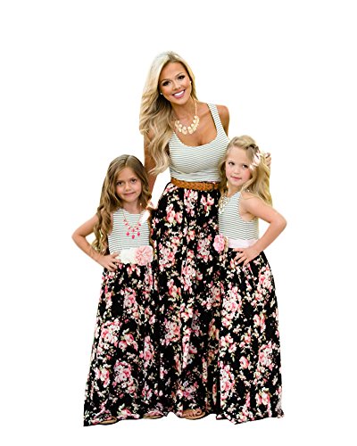 Minetom Mütter und Tochter Familie Sommerkleid Streifen Maniche Tromba Kleider Spitze MiniKleid A Linie Strandkleid Partykleid D Weiß 110 (Tochter) von Minetom