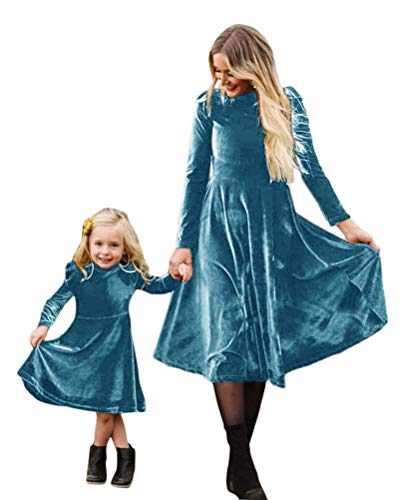 Minetom Mütter und Tochter Familie Winterkleid Elegant Kleider Damen Mädchen Langarm Rundhals Samt Langes Kleid Cocktailkleid Partykleid Ballkleid Blau 38 (Damen) von Minetom