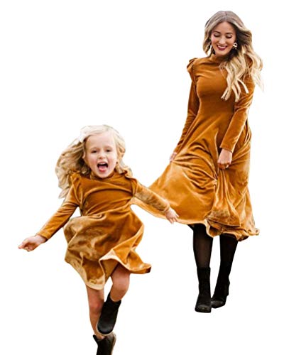 Minetom Mütter und Tochter Familie Winterkleid Elegant Kleider Damen Mädchen Langarm Rundhals Samt Langes Kleid Cocktailkleid Partykleid Ballkleid Gelb 34 (Damen) von Minetom