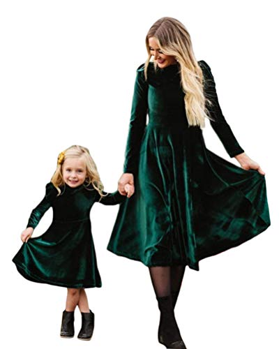 Minetom Mütter und Tochter Familie Winterkleid Elegant Kleider Damen Mädchen Langarm Rundhals Samt Langes Kleid Cocktailkleid Partykleid Ballkleid Grün 140 (Mädchen) von Minetom