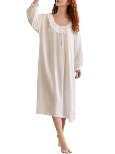 Minetom Nachthemd Damen Lang Vintage Einfarbig Lose Langarm Schlafshirt Frauen Weich Leichte Nachtwäsche Nachtkleid Pyjama A Weiß XXL von Minetom
