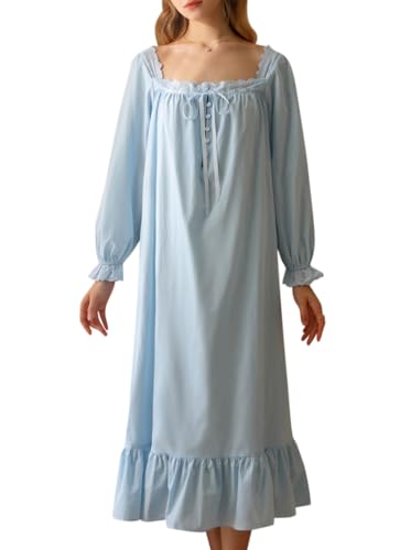 Minetom Nachthemd Damen Lang Vintage Einfarbig Lose Langarm Schlafshirt Frauen Weich Leichte Nachtwäsche Nachtkleid Pyjama B Blau S von Minetom