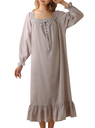 Minetom Nachthemd Damen Lang Vintage Einfarbig Lose Langarm Schlafshirt Frauen Weich Leichte Nachtwäsche Nachtkleid Pyjama B Grau M von Minetom