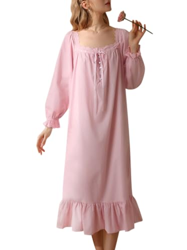 Minetom Nachthemd Damen Lang Vintage Einfarbig Lose Langarm Schlafshirt Frauen Weich Leichte Nachtwäsche Nachtkleid Pyjama B Rosa XXL von Minetom