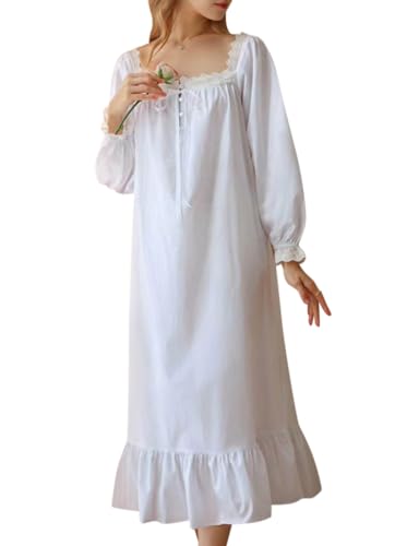 Minetom Nachthemd Damen Lang Vintage Einfarbig Lose Langarm Schlafshirt Frauen Weich Leichte Nachtwäsche Nachtkleid Pyjama B Weiß M von Minetom