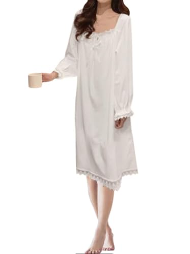 Minetom Nachthemd Damen Lang Vintage Einfarbig Lose Langarm Schlafshirt Frauen Weich Leichte Nachtwäsche Nachtkleid Pyjama D Weiß M von Minetom