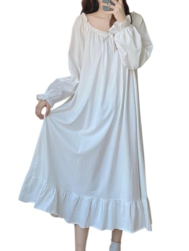Minetom Nachthemd Damen Lang Vintage Einfarbig Lose Langarm Schlafshirt Frauen Weich Leichte Nachtwäsche Nachtkleid Pyjama E Weiß M von Minetom