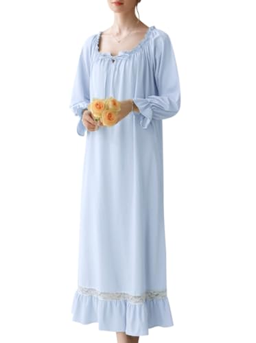 Minetom Nachthemd Damen Lang Vintage Einfarbig Lose Langarm Schlafshirt Frauen Weich Leichte Nachtwäsche Nachtkleid Pyjama F Blau L von Minetom