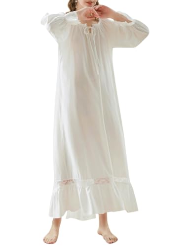 Minetom Nachthemd Damen Lang Vintage Einfarbig Lose Langarm Schlafshirt Frauen Weich Leichte Nachtwäsche Nachtkleid Pyjama F Weiß M von Minetom